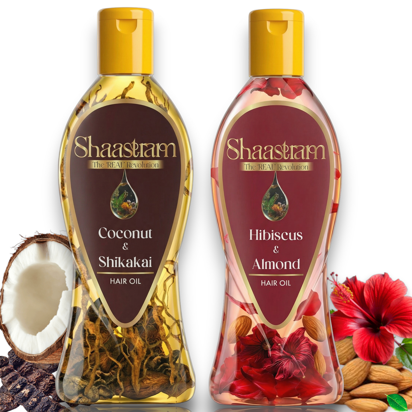 Coconut Shikakai 180ml & Hibiscus Almond 180ml Herbal Hair Oil Combo | Supports Scalp Cleanliness & Repairs Dry Hair | With Real Herbs and Petals |  Real Non-Sticky, Real Lightweight, Fast Absorbing Oil