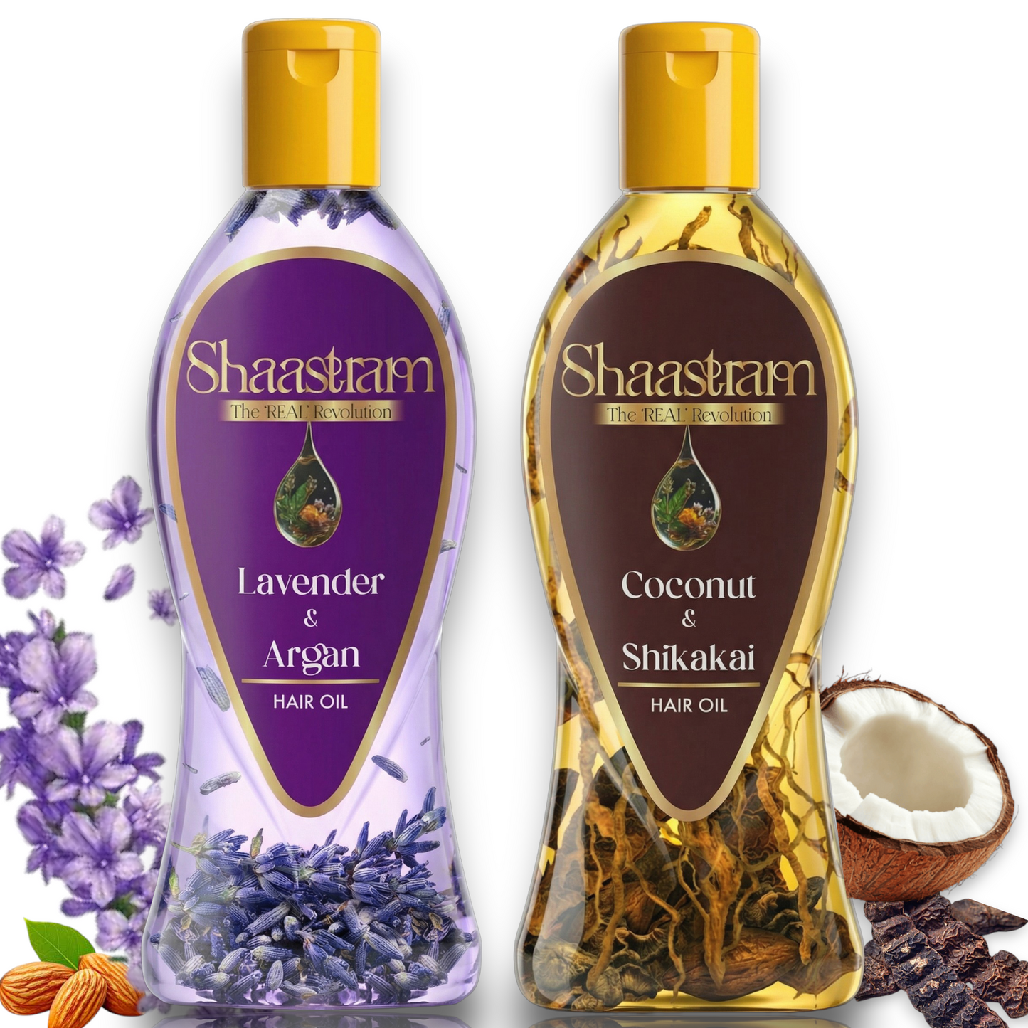 Coconut Shikakai 180ml & Lavender Argan 180ml Herbal Hair Oil Combo | Supports Scalp Cleanliness & Smoothens Hair | With Real Herbs and Petals |  Real Non-Sticky, Real Lightweight, Fast Absorbing Oil