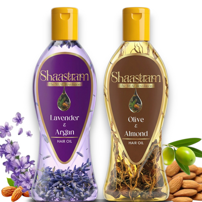 Olive Almond 180ml & Lavender Argan Herbal 180ml Hair Oil Combo | Helps Control Dandruff & Smoothens Hair | With Real Herbs and Petals |  Real Non-Sticky, Real Lightweight, Fast Absorbing Oil