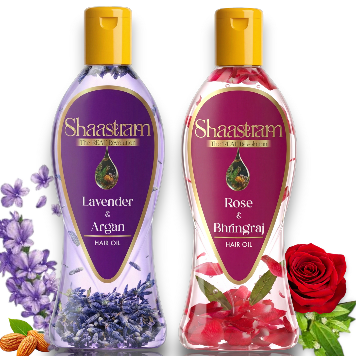 Lavender Argan 180ml & Rose Bhringraj 180ml Herbal Hair Oil Combo | Controls Frizz & Maintains Natural Hair Colour | With Real Herbs and Petals |  Real Non-Sticky, Real Lightweight, Fast Absorbing Oil
