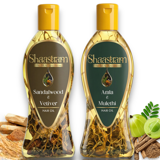 Amla Mulethi 180ml & Sandalwood Vetiver 180ml Hair Oil Combo | Helps Reduce Hair Fall & Helps Cool the Scalp | With Real Herbs and Petals |  Real Non-Sticky, Real Lightweight, Fast Absorbing Oil
