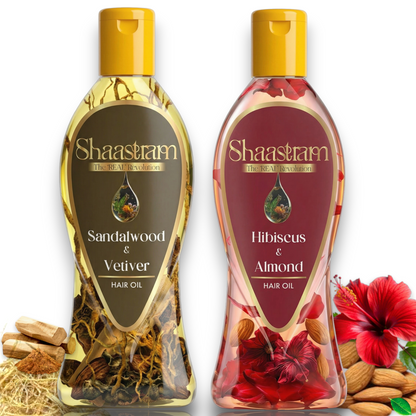 Sandalwood Vetiver 180ml & Hibiscus Almond Herbal 180ml Hair Oil Combo | Helps Cool the Scalp & Repairs Dry Hair | With Real Herbs and Petals |  Real Non-Sticky, Real Lightweight, Fast Absorbing Oil